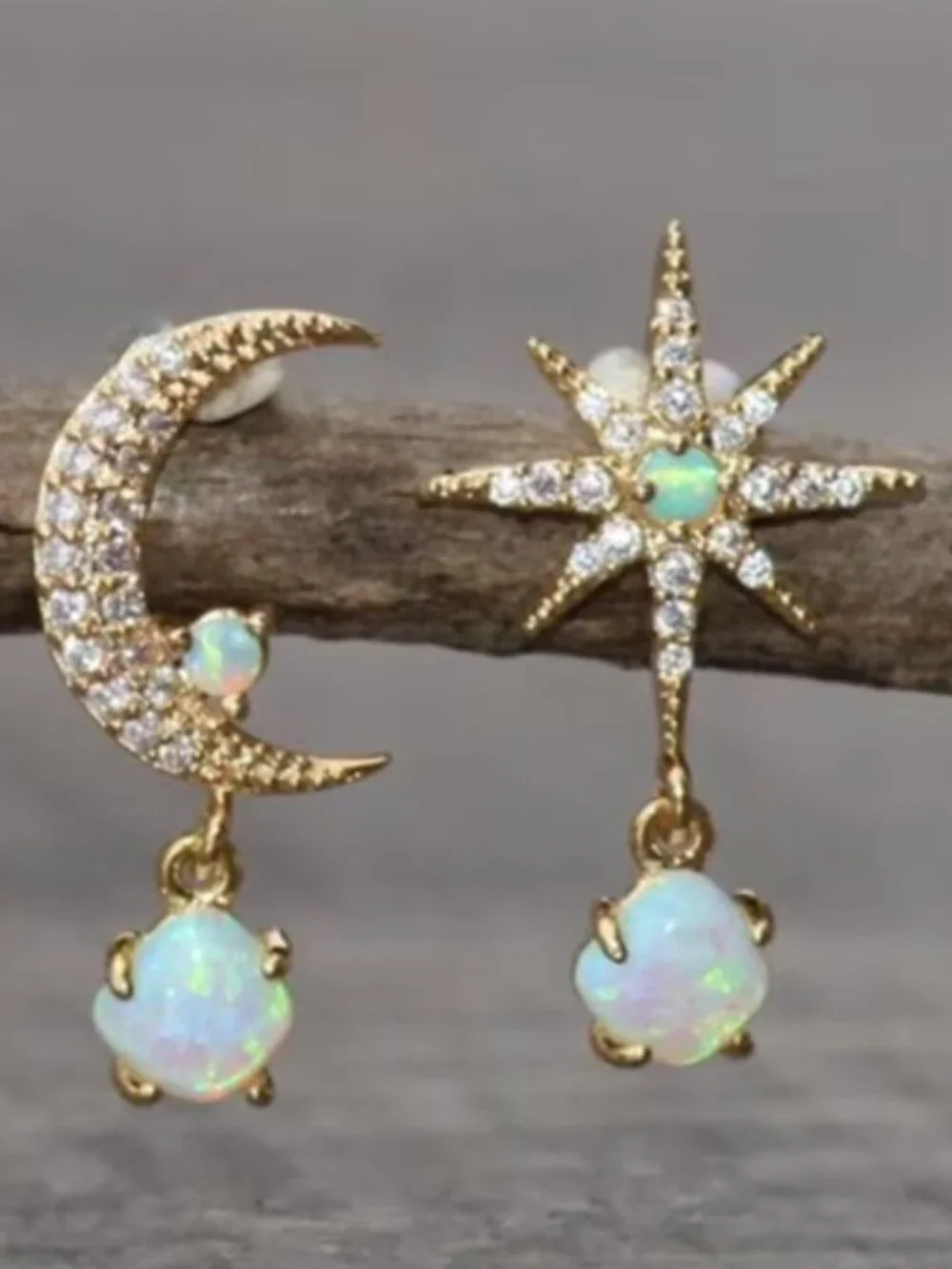 DESIGNER Moon & Starburst Gold Clear Crystal/Faux Opal Mismatch Earrings**NEW!